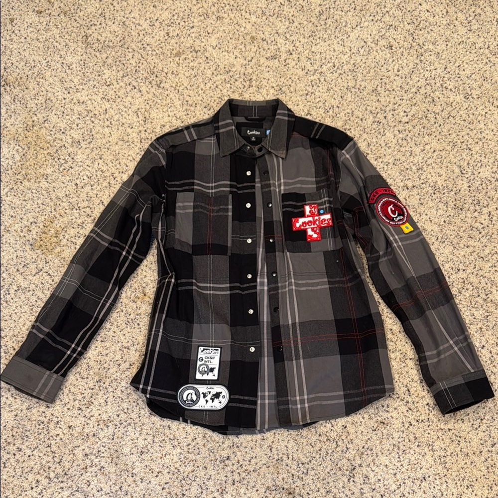 Cookies Black and Gray Plaid Heavyweight Shirt with Patches